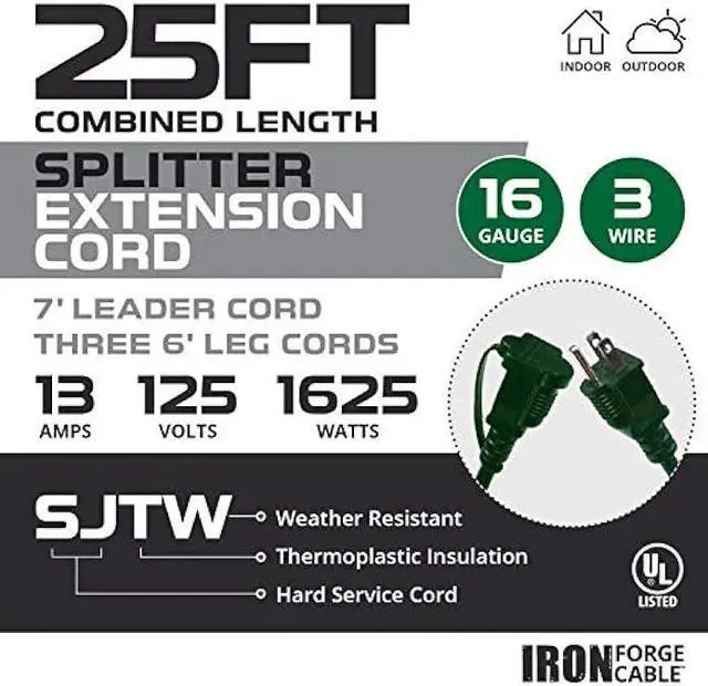 Alt view image 2 of 6 - Iron Forge Cable Outdoor Extension Cord with 3 Prong Multiple Outlets 13 ft,1 to 3 Green Cord Splitter 25 Ft Total Length, Weatherproof Evenly Spaced