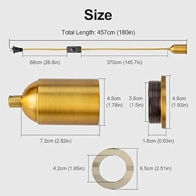 Alt view image 2 of 6 - Hanging Lights with Plug in Pendant Cord Switch Golden Light Bulb Socket with Cord Industrial Extension Rope DIY lamp Replacement Pendant Light kit Lantern Cord Porcelain Fixture Fabric Cable 15ft