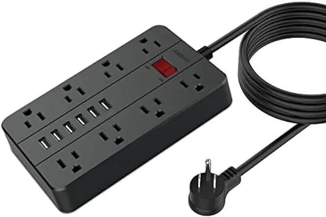Main image of 10 Ft Extension Cord Surge Protector, SMNICE 8 Widely Spaced Outlets and 6 USB Charging Ports Flat Plug Power Strip, Desktop Power Cord for Travel Home Office Accessories Black
