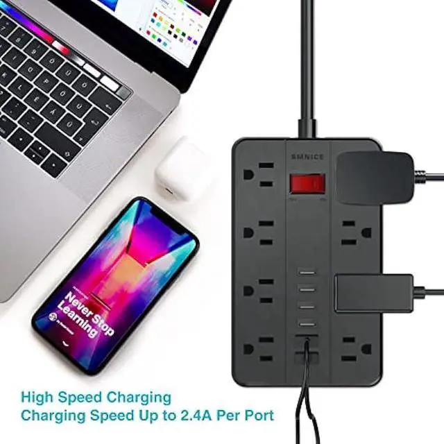 Alt view image 2 of 7 - 10 Ft Extension Cord Surge Protector, SMNICE 8 Widely Spaced Outlets and 6 USB Charging Ports Flat Plug Power Strip, Desktop Power Cord for Travel Home Office Accessories Black