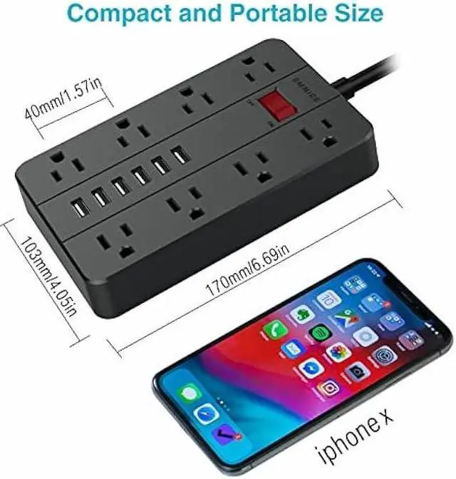 Alt view image 3 of 7 - 10 Ft Extension Cord Surge Protector, SMNICE 8 Widely Spaced Outlets and 6 USB Charging Ports Flat Plug Power Strip, Desktop Power Cord for Travel Home Office Accessories Black