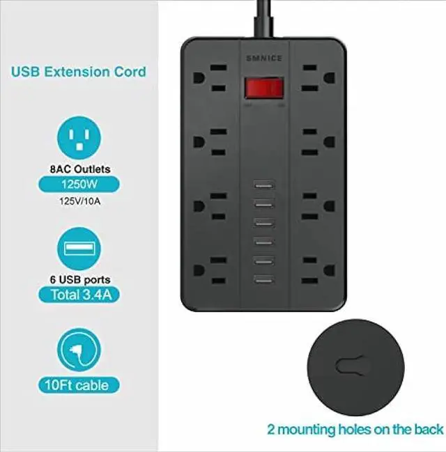 Alt view image 4 of 7 - 10 Ft Extension Cord Surge Protector, SMNICE 8 Widely Spaced Outlets and 6 USB Charging Ports Flat Plug Power Strip, Desktop Power Cord for Travel Home Office Accessories Black