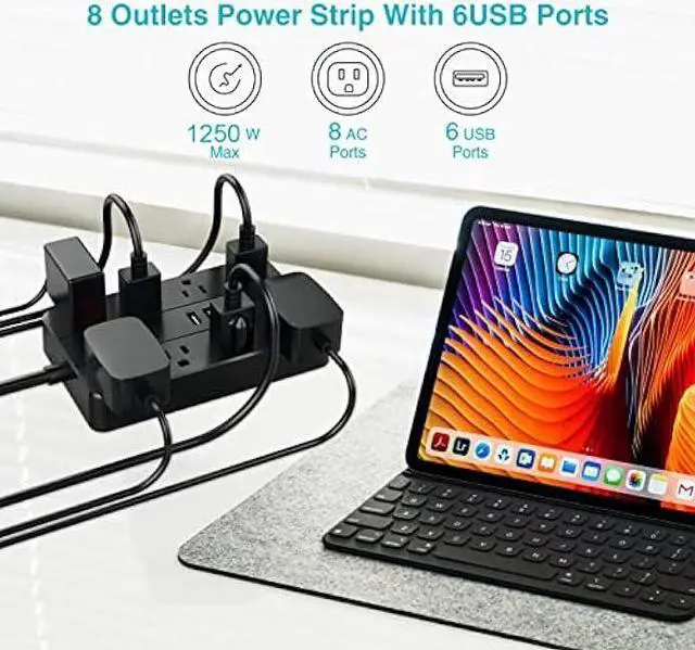Alt view image 5 of 7 - 10 Ft Extension Cord Surge Protector, SMNICE 8 Widely Spaced Outlets and 6 USB Charging Ports Flat Plug Power Strip, Desktop Power Cord for Travel Home Office Accessories Black