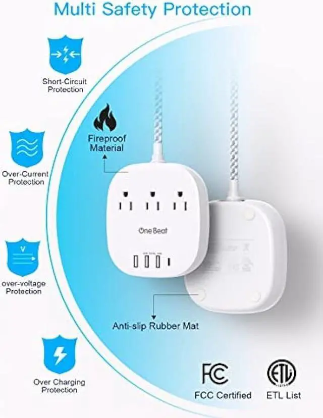 Alt view image 7 of 7 - 20W USB C Power Strip, 3 Outlet 4 USB Ports Flat Plug Power Strip No Surge Protector for Cruise Ship Travel, 5 ft Long Extension Cords, Desktop Power Strip for Dorm Home Office