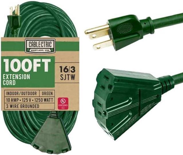 Cablectric Long Outdoor Extension Cord 100 FT with 3 Power Outlets - 16/3  SJTW Green 16 Gauge Multiple Outlets Pigtail Weatherproof Electrical Cable  with 3 Prong - Great for Gardens, Landscaping, Lawn 