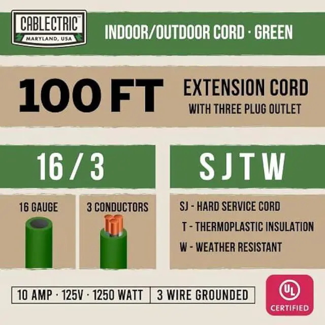 Alt view image 2 of 6 - Cablectric Long Outdoor Extension Cord 100 FT with 3 Power Outlets - 16/3 SJTW Green 16 Gauge Multiple Outlets Pigtail Weatherproof Electrical Cable with 3 Prong - Great for Gardens, Landscaping, Lawn