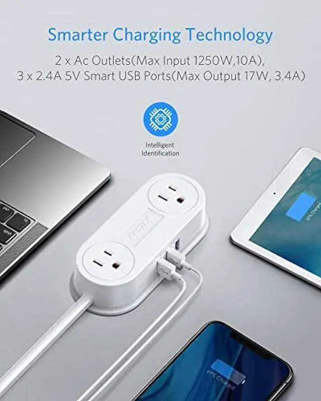 Alt view image 3 of 6 - Small Power Strip with 3 USB Ports, BESTEK 2 Outlet Portable Plug Strip Charging Station with Adhesive Sticker, 5 Ft Extension Cord, Ultra-Compact for Cruise Ships, Dorm Room,Travel, Bedside, Office