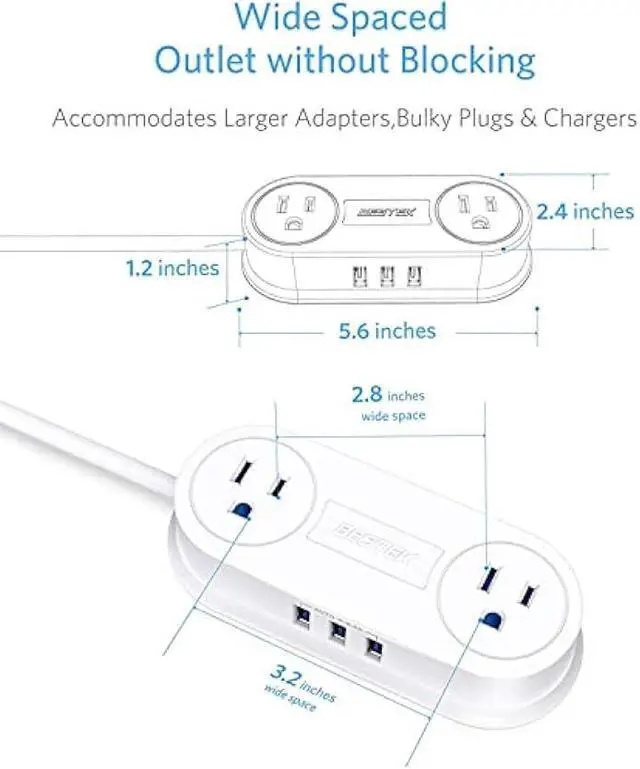 Alt view image 4 of 6 - Small Power Strip with 3 USB Ports, BESTEK 2 Outlet Portable Plug Strip Charging Station with Adhesive Sticker, 5 Ft Extension Cord, Ultra-Compact for Cruise Ships, Dorm Room,Travel, Bedside, Office