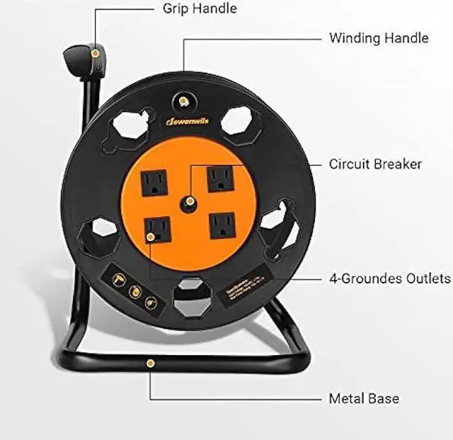 Alt view image 2 of 7 - DEWENWILS Extension Cord Storage Reel, Heavy Duty Open Cord Reel with 4-Grounded Outlets, 12/3,14/3,16/3 Gauge Power Cord Reel, Hand Wind Retractable, 15A Circuit Breaker, Orange
