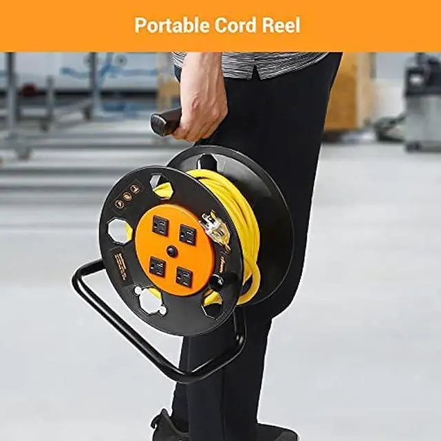 Alt view image 7 of 7 - DEWENWILS Extension Cord Storage Reel, Heavy Duty Open Cord Reel with 4-Grounded Outlets, 12/3,14/3,16/3 Gauge Power Cord Reel, Hand Wind Retractable, 15A Circuit Breaker, Orange