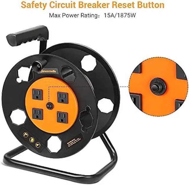 Alt view image 4 of 7 - DEWENWILS Extension Cord Storage Reel, Heavy Duty Open Cord Reel with 4-Grounded Outlets, 12/3,14/3,16/3 Gauge Power Cord Reel, Hand Wind Retractable, 15A Circuit Breaker, Orange