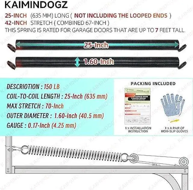 Alt view image 2 of 6 - Pair of 150lb. Heavy Duty Garage Door Extension Springs Stretch Springs, 25 Long, Double Loop Ends, High Precision Electrophoresis Black Coated,MIN 16,000 Cycles,for 7ft High Garage Doors Replacement