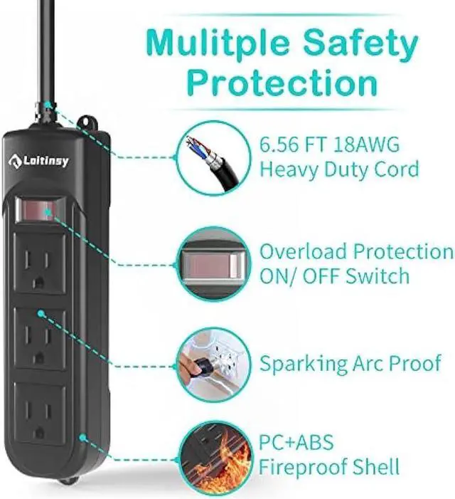 Alt view image 3 of 6 - Loitinsy Outdoor Power Strip Weatherproof, Waterproof Flat Plug with 3 Outlets, 6.5 FT Extension Cord, Overload Protection and Shockproof, Suitable for Home and Outside, Wall Mountable, Black