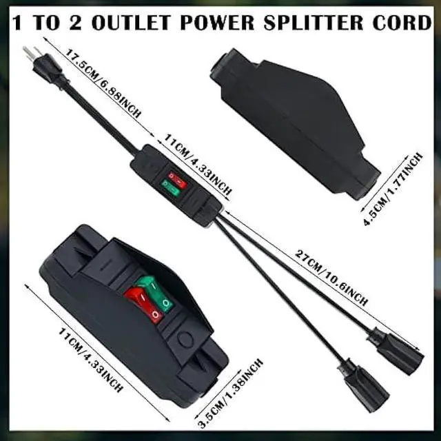 Alt view image 2 of 7 - Power Cord Extension Y Splitter with ON Off Switch Plug Splitter 2 Way Outlet Adapter NEMA 5-15R to 1 NEMA 5-15P with 14AWG 15A/125V and 18AWG 10A/125V Sub Line for Indoor Outdoor Use (Black, 1.8 Ft)