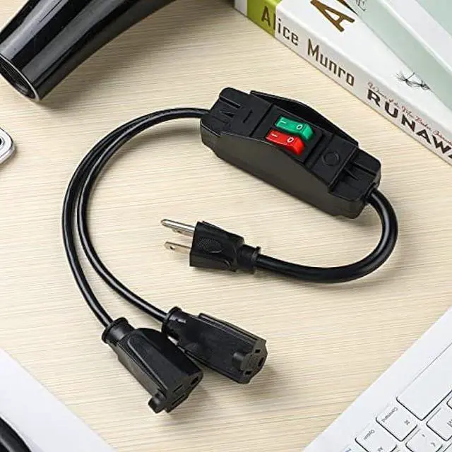 Alt view image 5 of 7 - Power Cord Extension Y Splitter with ON Off Switch Plug Splitter 2 Way Outlet Adapter NEMA 5-15R to 1 NEMA 5-15P with 14AWG 15A/125V and 18AWG 10A/125V Sub Line for Indoor Outdoor Use (Black, 1.8 Ft)