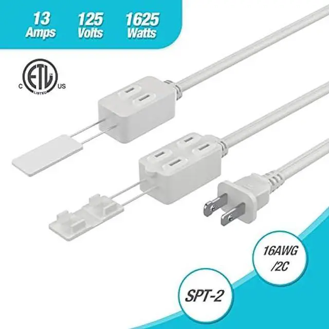 Alt view image 2 of 7 - DURATECH Extension Cord, 3-Outlet Power Strip- 2 Prong, 16 Gauge- 12 Feet Indoor Extension Cord with Safety Cap, Perfect for Home, Office or Kitchen, White, ETL Listed, 2 Pack