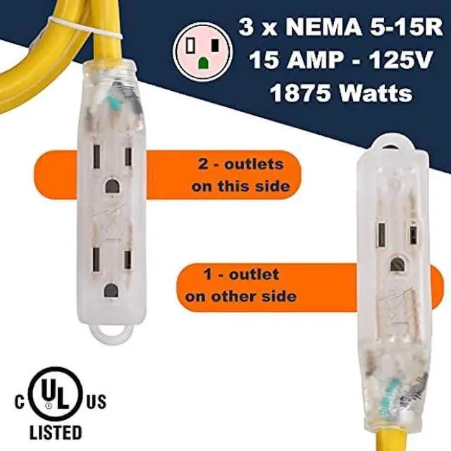 Alt view image 2 of 7 - Lighted Outdoor Extension Cord - Heavy Duty Yellow Power Cable Splitter by Journeyman-Pro 3-Prong NEMA 5-15P to Three Electrical Outlets (Inline Triple-Tap) 5-15R - 15 AMP 125 Volts Short (3FT)