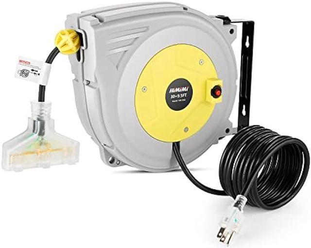 30FT+9.5FT Extension Cord Reel, 16 Gauge Retractable Extension Cord Reel,  Garage Workshop Ceiling/Wall Mounted Power Cord Reel + 3 Triple Tap  Outlets, 10A Circuit Breaker, UL Listed 