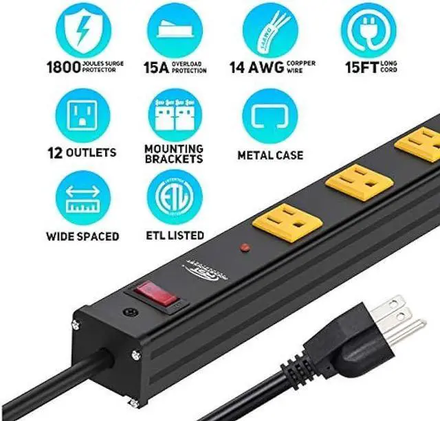 Alt view image 2 of 7 - CRST Heavy Duty Surge Protector Power Strip Wide Spaced 12-Outlet 15 Feet Long Extension Cord with Mounting Brackets 15A Circuit Breaker 1800 Joules