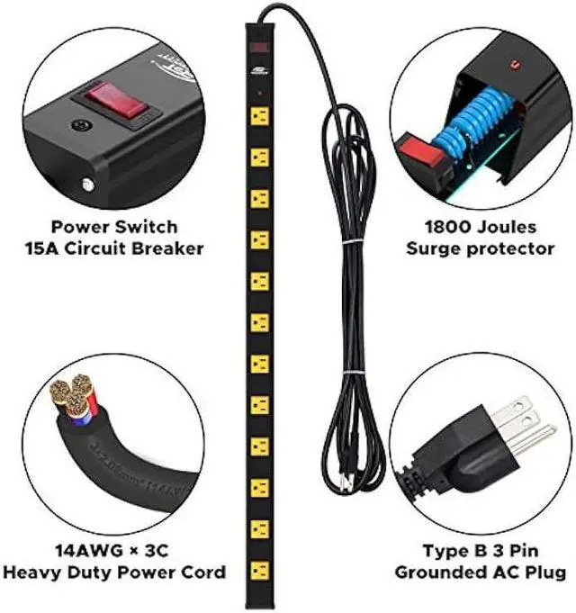 Alt view image 4 of 7 - CRST Heavy Duty Surge Protector Power Strip Wide Spaced 12-Outlet 15 Feet Long Extension Cord with Mounting Brackets 15A Circuit Breaker 1800 Joules