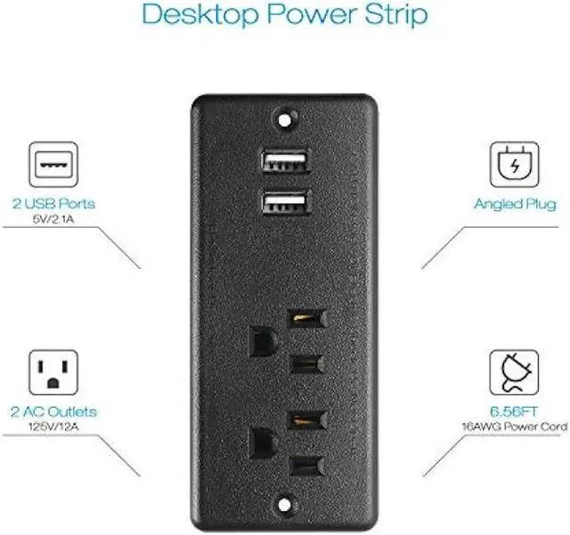 Alt view image 2 of 7 - Recessed Power Strip Flat Plug, Desk Outlet with USB, ETL Listed Conference Outlet Socket with 2 AC Plugs, 2 USB Ports Connect with 6ft Power Cord for Furniture, Home, Office(Black)