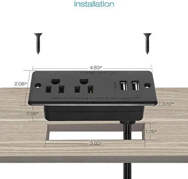 Alt view image 5 of 7 - Recessed Power Strip Flat Plug, Desk Outlet with USB, ETL Listed Conference Outlet Socket with 2 AC Plugs, 2 USB Ports Connect with 6ft Power Cord for Furniture, Home, Office(Black)