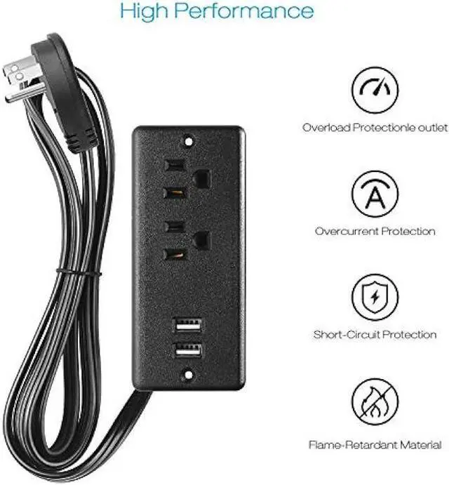 Alt view image 4 of 7 - Recessed Power Strip Flat Plug, Desk Outlet with USB, ETL Listed Conference Outlet Socket with 2 AC Plugs, 2 USB Ports Connect with 6ft Power Cord for Furniture, Home, Office(Black)