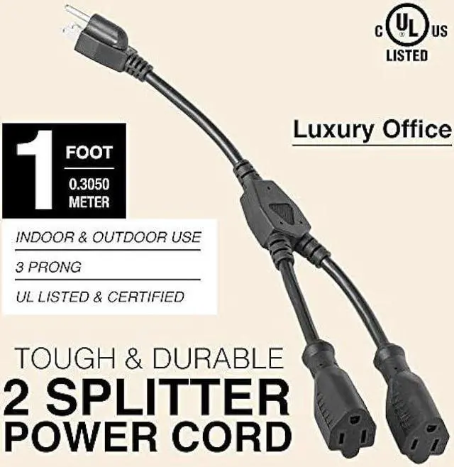 Alt view image 2 of 6 - 2 Way Power Splitter and 1' Extension Cord - 1 to 2 Cable Strip with 3 Pronged Outlet and Y Style Extension Cord  3 Pack - Black - SJT 16 AWG  by Luxury Office