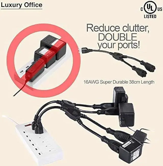 Alt view image 4 of 6 - 2 Way Power Splitter and 1' Extension Cord - 1 to 2 Cable Strip with 3 Pronged Outlet and Y Style Extension Cord  3 Pack - Black - SJT 16 AWG  by Luxury Office