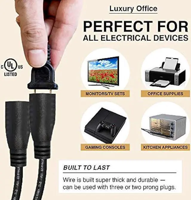 Alt view image 5 of 6 - 2 Way Power Splitter and 1' Extension Cord - 1 to 2 Cable Strip with 3 Pronged Outlet and Y Style Extension Cord  3 Pack - Black - SJT 16 AWG  by Luxury Office