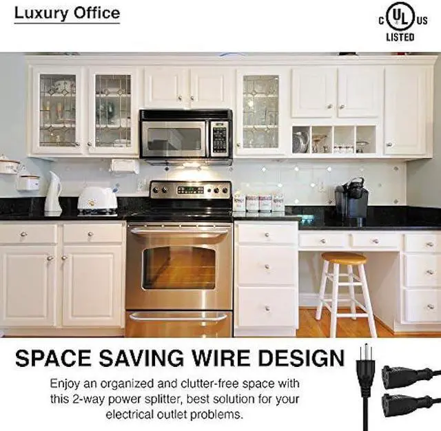 Alt view image 6 of 6 - 2 Way Power Splitter and 1' Extension Cord - 1 to 2 Cable Strip with 3 Pronged Outlet and Y Style Extension Cord  3 Pack - Black - SJT 16 AWG  by Luxury Office