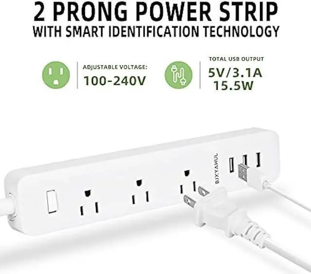 Alt view image 2 of 6 - 2 Prong to 3 Prong Power Strip, Two Prong Surge Protector with 6FT Long Cord, 3 AC Outlets 2 Prong to 3 Prong Extension Cord with 3 USB Ports(5V 3.1A) for Non-Grounded Outlets for Home/Office, White