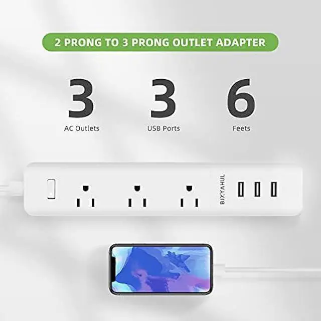 Alt view image 3 of 6 - 2 Prong to 3 Prong Power Strip, Two Prong Surge Protector with 6FT Long Cord, 3 AC Outlets 2 Prong to 3 Prong Extension Cord with 3 USB Ports(5V 3.1A) for Non-Grounded Outlets for Home/Office, White