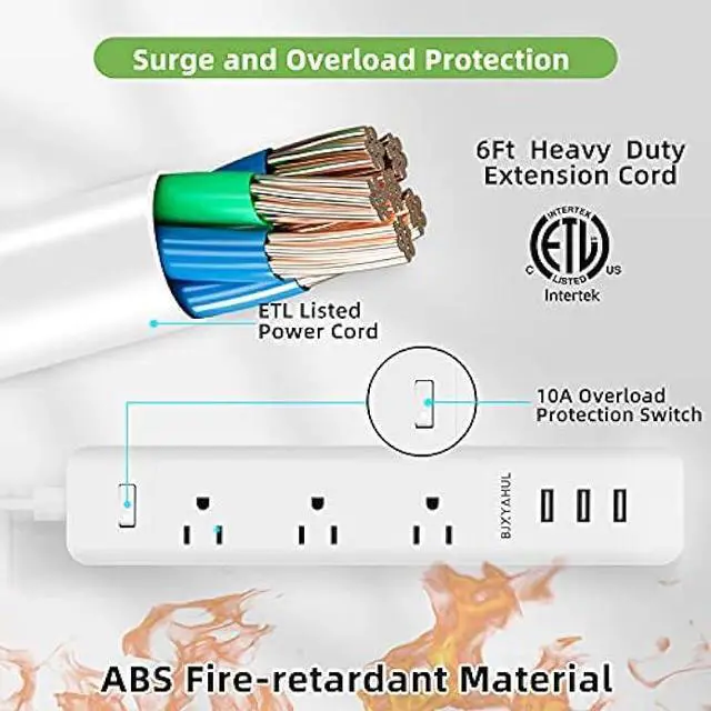 Alt view image 4 of 6 - 2 Prong to 3 Prong Power Strip, Two Prong Surge Protector with 6FT Long Cord, 3 AC Outlets 2 Prong to 3 Prong Extension Cord with 3 USB Ports(5V 3.1A) for Non-Grounded Outlets for Home/Office, White