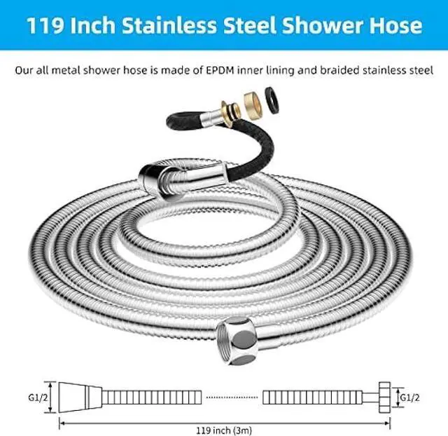 Alt view image 4 of 6 - Hibbent All Metal Extra Long Shower Hose 119 inch(9.8 foot) Bathroom Handheld Shower Head Hose 3 meters Extension Replacement Part with Brass Fittings Made of Stainless Steel -Polished Chrome Finish