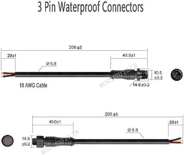 Alt view image 3 of 6 - WOODGUILIN 3 Pin Electrical Connector,3 Core Outdoor LED Connector Male Female Plug LED Connector Metal Nut with 20CM Cable 18AWG IP68 for Car,Truck,Boat,Outdoor LED Strip Lights.5 Pairs (3P 18AWG)
