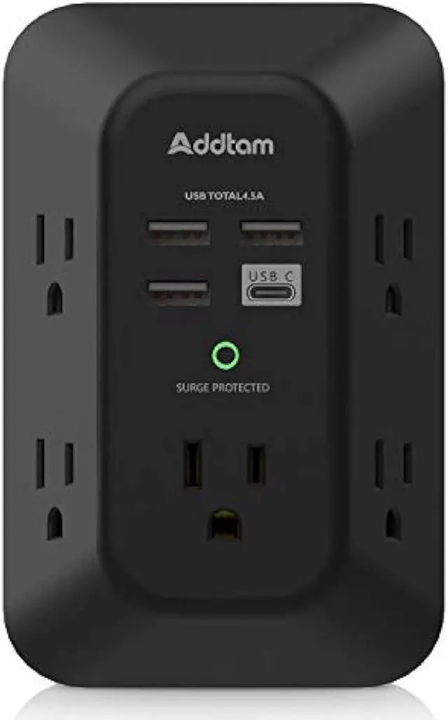 Main image of USB Wall Charger Surge Protector - Addtam 5 Outlet Extender with 4 USB Charging Ports (1 USB C), 3-Sided 1800J Power Strip Multi Plug Outlets Adapter Widely Spaced,Black