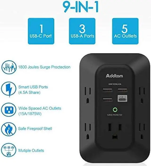 Alt view image 2 of 7 - USB Wall Charger Surge Protector - Addtam 5 Outlet Extender with 4 USB Charging Ports (1 USB C), 3-Sided 1800J Power Strip Multi Plug Outlets Adapter Widely Spaced,Black