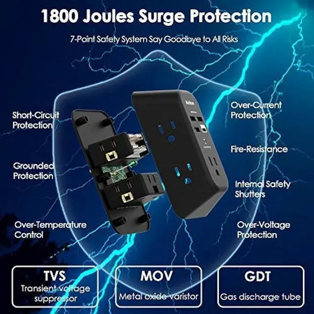 Alt view image 4 of 7 - USB Wall Charger Surge Protector - Addtam 5 Outlet Extender with 4 USB Charging Ports (1 USB C), 3-Sided 1800J Power Strip Multi Plug Outlets Adapter Widely Spaced,Black
