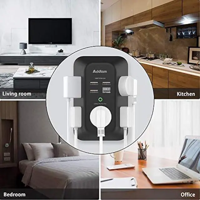 Alt view image 7 of 7 - USB Wall Charger Surge Protector - Addtam 5 Outlet Extender with 4 USB Charging Ports (1 USB C), 3-Sided 1800J Power Strip Multi Plug Outlets Adapter Widely Spaced,Black