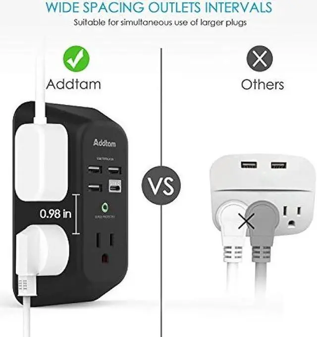 Alt view image 5 of 7 - USB Wall Charger Surge Protector - Addtam 5 Outlet Extender with 4 USB Charging Ports (1 USB C), 3-Sided 1800J Power Strip Multi Plug Outlets Adapter Widely Spaced,Black