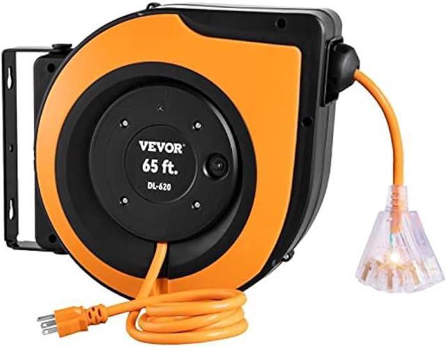 Retractable Extension Cord Reel 45 ft. 15 Amp 12AWG/3C SJTOW Power Cord w/  Lighted Outlet 180° Bracket Wall Mount Black