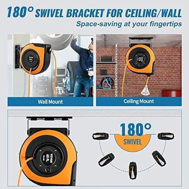 Alt view image 5 of 6 - VEVOR Retractable Extension Cord Reel, 65 FT, Heavy Duty 12AWG/3C SJTOW Power Cord, with Lighted Triple Tap Outlet, 15 Amp Circuit Breaker, 180° Swivel Bracket for Ceiling or Wall Mount, UL Listed