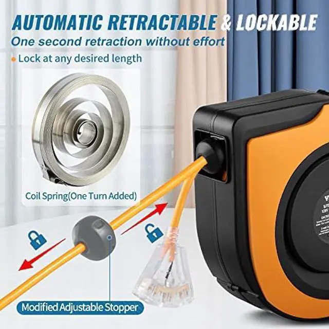 Alt view image 4 of 6 - VEVOR Retractable Extension Cord Reel, 65 FT, Heavy Duty 12AWG/3C SJTOW Power Cord, with Lighted Triple Tap Outlet, 15 Amp Circuit Breaker, 180° Swivel Bracket for Ceiling or Wall Mount, UL Listed