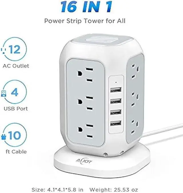 Alt view image 2 of 6 - Power Strip Tower with USB Ports-AiJoy Surge Protector with 12 AC Outlet and 4 USB Ports, 10 Feet Extension Cord, USB Charging Station with Overload Protection