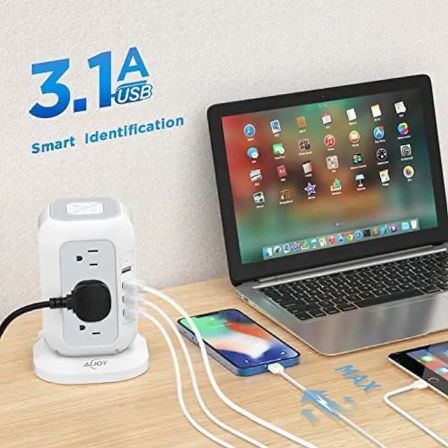 Alt view image 4 of 6 - Power Strip Tower with USB Ports-AiJoy Surge Protector with 12 AC Outlet and 4 USB Ports, 10 Feet Extension Cord, USB Charging Station with Overload Protection