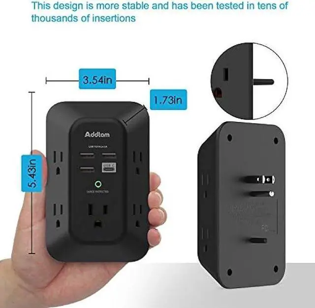 Alt view image 6 of 7 - USB Wall Charger Surge Protector - Addtam 5 Outlet Extender with 4 USB Charging Ports (1 USB C), 3-Sided 1800J Power Strip Multi Plug Outlets Adapter Widely Spaced,Black