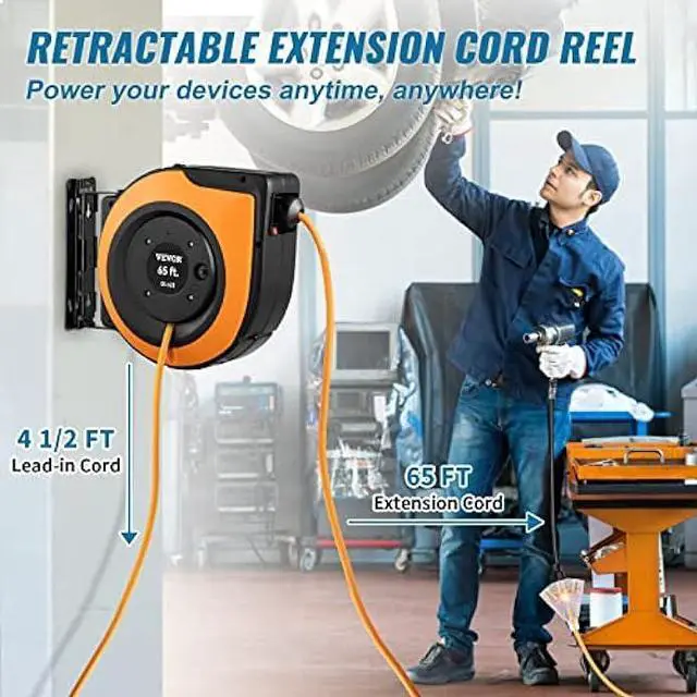 Alt view image 2 of 6 - VEVOR Retractable Extension Cord Reel, 65 FT, Heavy Duty 12AWG/3C SJTOW Power Cord, with Lighted Triple Tap Outlet, 15 Amp Circuit Breaker, 180° Swivel Bracket for Ceiling or Wall Mount, UL Listed