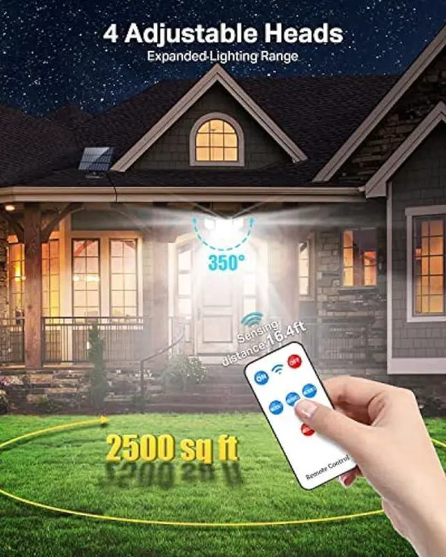 Alt view image 6 of 6 - CLAONER Solar Outdoor Lights Motion Sensor 3500LM 288 LED Solar Security Lights with Remote Control IP67 Waterproof 4 Heads Solar Flood Lights with 16.4ft Cable 4 Modes Solar Wall Lights(2 Pack)