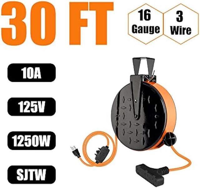 EP 30 Ft Retractable Extension Cord Reel, 16/3 SJTW Power Cord with 3  Electrical Outlets, Ceiling or Wall Mount, 10 Amp Circuit Breaker, Metal  Plate